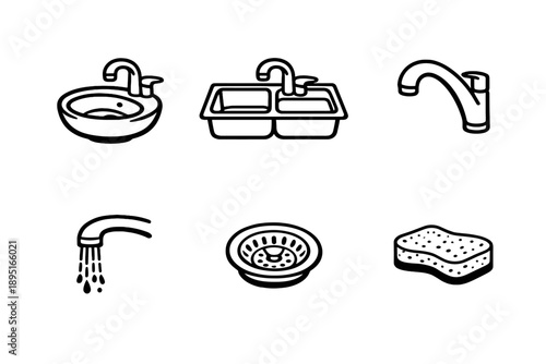 Plumbing and sanitation icons set. Including faucet, sink, drain, washbasin, sponge, pipe, shower, and more.