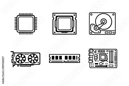 Tech and hardware icon set. Featuring processor, graphics, memory, storage, motherboard, and chipset.