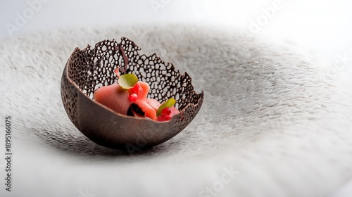 Artistic raspberry mousse dessert presented in a dark chocolate nest on a white plate.