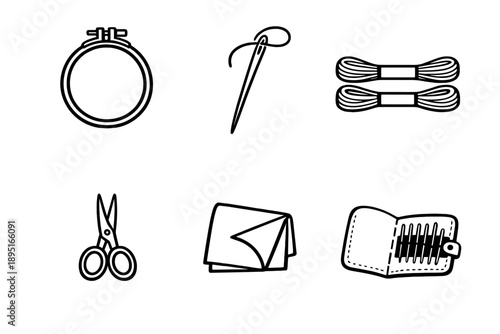 Sewing and Craft Icons Set. Containing needle, thread, scissors, fabric, wallet, embroidery, tools, kit, accessories, and more.