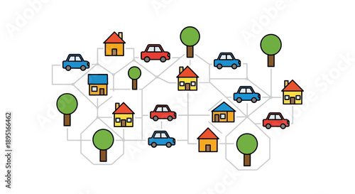 Vibrant Neighborhood Illustration Connecting Houses