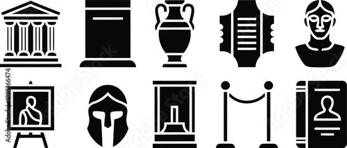 A distinguished collection of ten black silhouette icons representing museum exhibits and historical artifacts