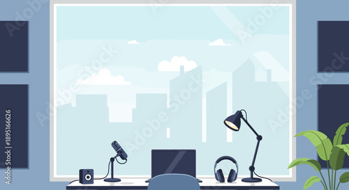 A flat design illustration of a minimalist modern podcast studio, featuring a clean setup with a microphone and laptop, all against a backdrop of a simplified cityscape visible through a large window.
