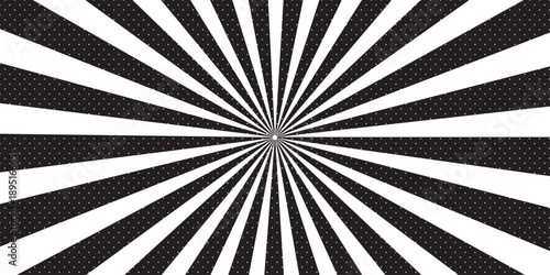 A vintage grunge radial burst illustration features a black and white abstract sunburst pattern with retro spiral lines and a weathered paper texture backdrop