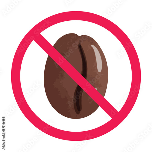Forbidden sign with coffee bean icon, forbidden coffee sign, coffee prohibited symbol, no coffee bean sign, vector illustration