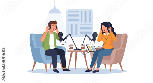An inviting flat design illustration portraying a host and a guest in a comfortable, urban-themed podcast studio, engaged in a focused conversation. 