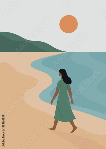 Minimalist illustration of a woman walking on the beach. Flat design, vector, sea, sand, mountain, sun