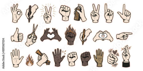 Collection of diverse hand gestures and actions depicted in a minimalist, hand-drawn vector style for graphic design
