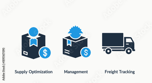 Logistics icons for supply optimization, management, and freight tracking, featuring boxes, trucks, and dollar signs.