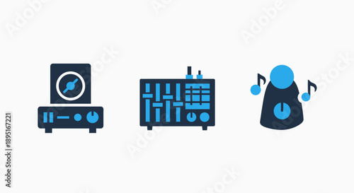 Audio Production Icons: Sound Mixer, Amplifier, and DJ Controller for Music Creation