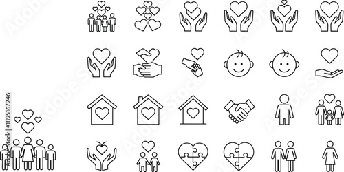 Family love care and community icon set with hearts hands home people charity support and relationship symbols vector illustration
