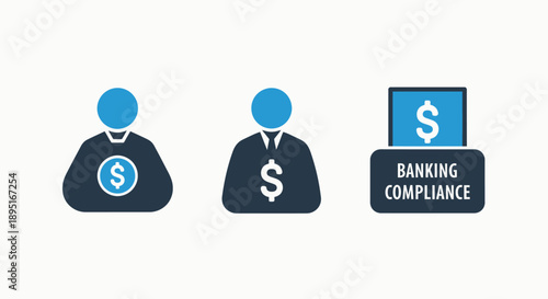 Banking and Finance Icons: Dollar Coin, Executive, and Banking Compliance Document