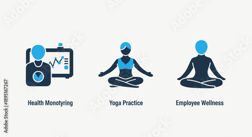 Health and Wellness Icons: Employee Monitoring, Yoga, and Wellness Program for Workplaces