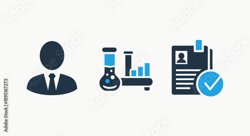 Scientific Research and HR Icons: Person, Lab Analysis, and Verified Resume