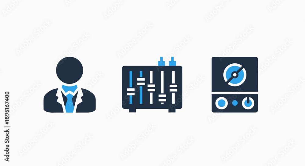 Obraz premium Audio production icons: professional, sound mixer console, and vintage turntable, representing music creation, DJing, and audio engineering.