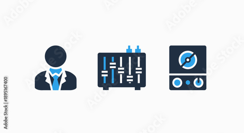 Audio production icons: professional, sound mixer console, and vintage turntable, representing music creation, DJing, and audio engineering.
