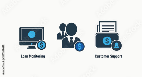 Financial services icons: loan monitoring on computer, customer with dollar coin for financial services, and customer support in wallet, representing financial transactions and support.