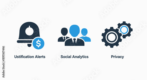 Business and data icons: notification alert with dollar sign, social analytics team, and privacy gears, representing business alerts, data analysis, and security concepts.