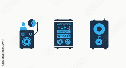 Music production icons: person with speaker and CD, music design mixer, and speaker with musical note, representing audio creation, editing, and playback.