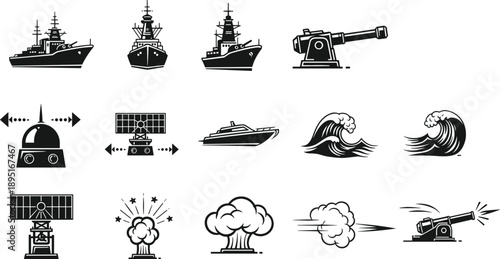 Military naval warfare icon set with battleships radar cannons explosions waves and combat equipment for defense strategy design vector