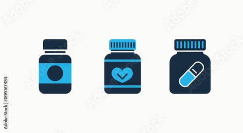 Set of three flat design icons representing medication bottles with blue and dark navy accents on a white background, symbolizing healthcare and pharmaceuticals.