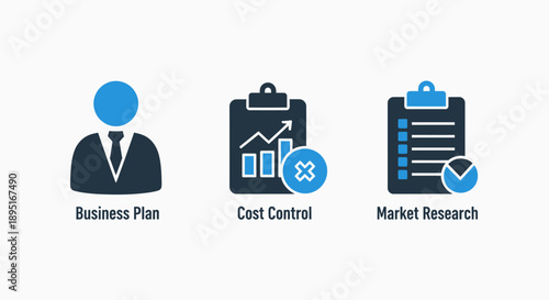Business and strategy icons: business plan with person silhouette, cost control with bar chart, and market research with pie chart.