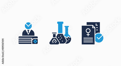 Set of three icons for business and science: a person at a desk, laboratory flasks with liquid, and a document with female symbol and checkmark.