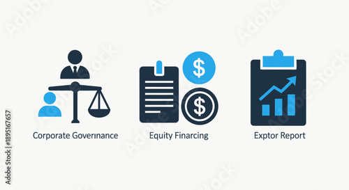 Corporate governance icons with balance scale, equity financing with dollar coins, and export report with chart for business law and finance