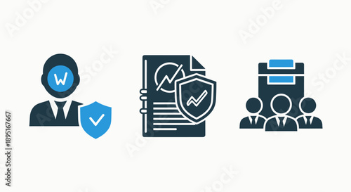 Security and data icons: person with shield, document with graph and shield, and group of people for protection and privacy