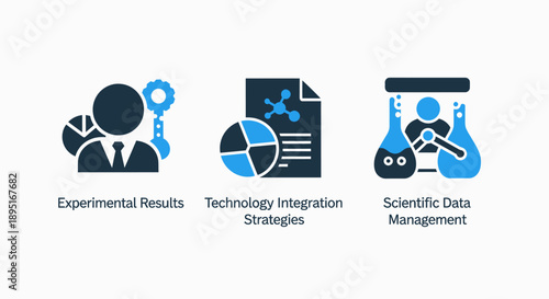 Research and development icons: experimental results with pie chart, technology integration strategies, and scientific data management