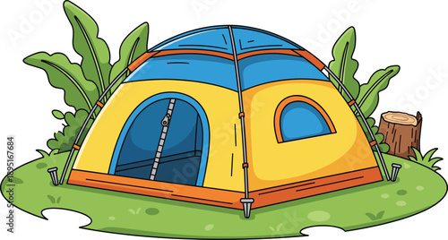 Camping tent illustration in green nature setting with plants and grass, outdoor adventure shelter, hiking travel equipment, cartoon vector design