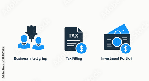 Finance icons: business intelligence, tax filling document with dollar, and investment portfolio for financial planning and management