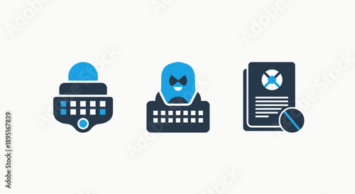 Hacker, Keyboard, and Security Document Icons for Cybercrime and Data Protection