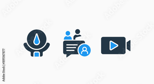 Water Drop Compass, Chat with Users, and Video Play Button Icons for Communication and Media