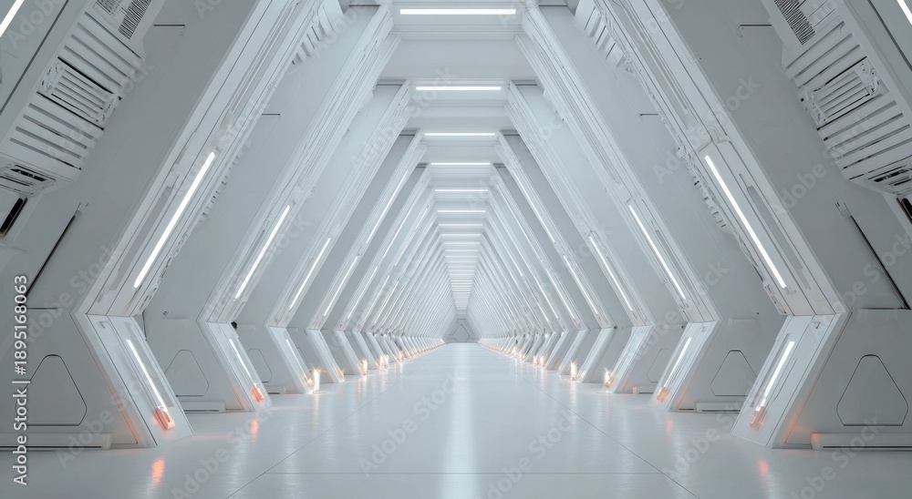 Obraz premium Futuristic, bright, geometric hallway with repeating angular panels and fluorescent lighting