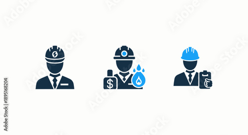 Industry Professional Icons: Electrician, Energy Worker with Tools, and Site Inspector