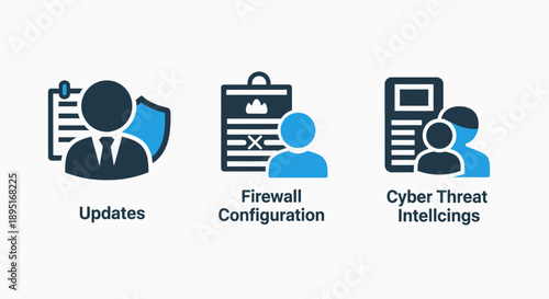Cybersecurity Icons: Software Updates, Firewall Configuration, and Threat Intelligence
