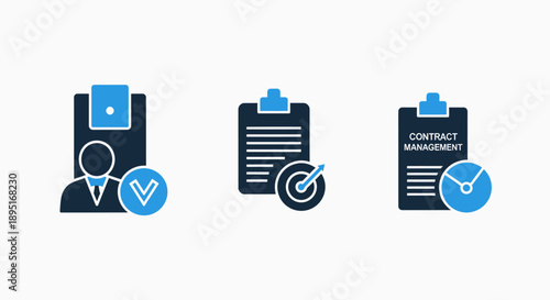 Business Management Icons: Approved Applications, Goal Setting, and Contract Management