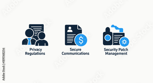 Data Privacy and Security Icons: Regulations, Secure Communications, and Patch Management