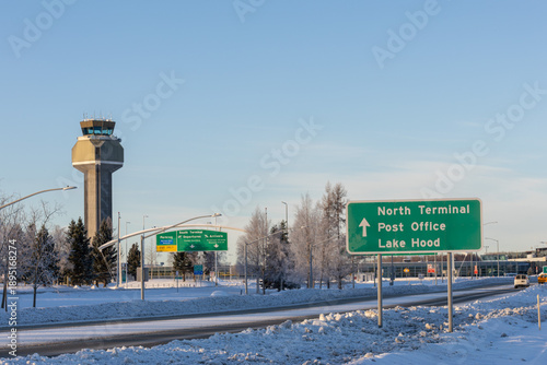 Airport infrastructure with control tower in Anchorage, Alaska.
