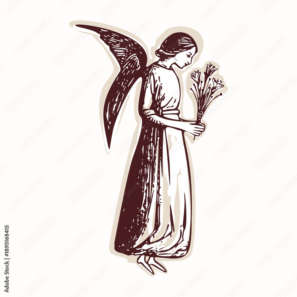 Fototapeta premium Angel Gabriel with wings and holding lily flowers for annunciation motif. Hand drawn black and white vector motif for bible study aesthetic for women journaling archangel gabriel faith graphic pic