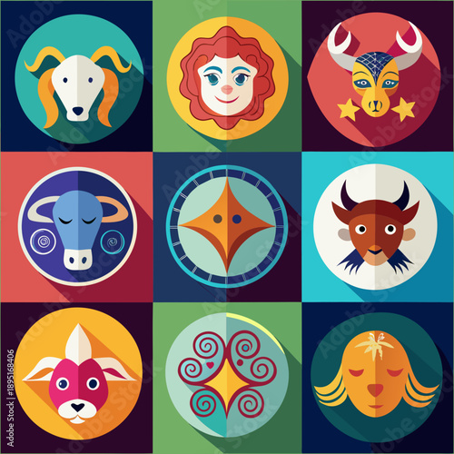 Colorful zodiac signs arranged in a grid pattern with flat design