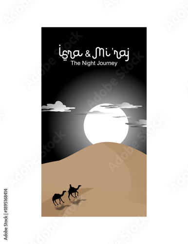 Vector isra' mi'raj Islamic background. Prophet Muhammad SAW's extraordinary journey in one night.