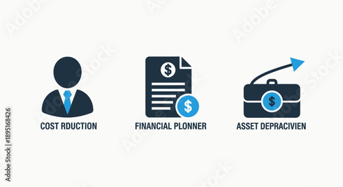 Financial Management Icons: Cost Reduction, Financial Planner, and Asset Depreciation