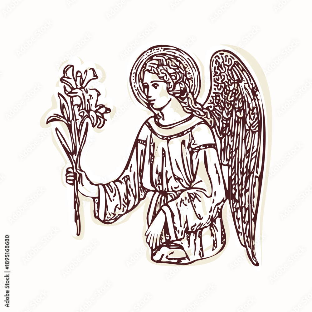 Fototapeta premium Angel Gabriel with wings and holding lily flowers for annunciation motif. Hand drawn black and white vector motif for bible study aesthetic for women journaling archangel gabriel holy faith graphic