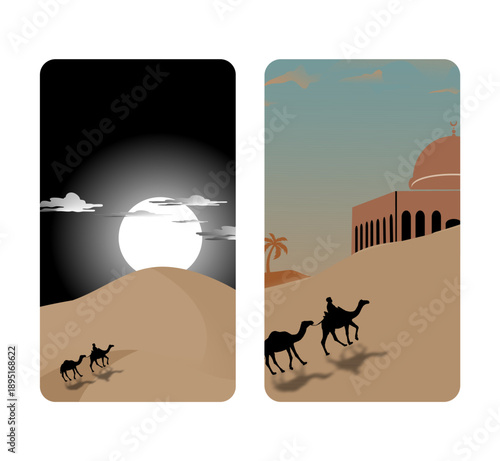 Vector isra' mi'raj Islamic background. Prophet Muhammad SAW's extraordinary journey in one night.