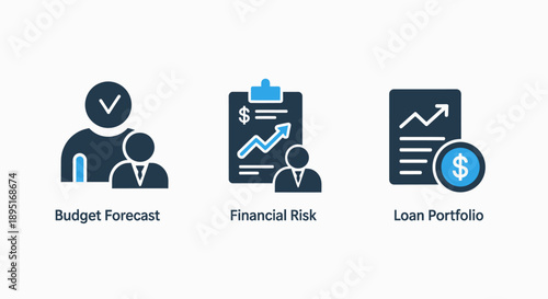 Business icons set: budget, finance, loan portfolio, analytics, growth chart, money, team, management, strategy