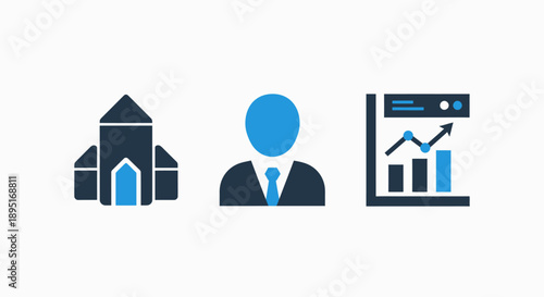 Startup and business growth icons: rocket launch, businessman, performance chart, strategy, investment, corporate growth, success