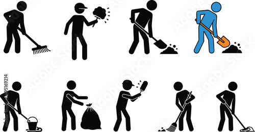 Cleaning worker pictogram set with sweeping, mopping, spraying, digging, and waste collection activities, sanitation service icons, flat vector illustration