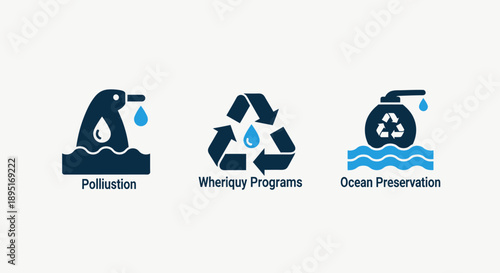 Environmental Protection Icons: Pollution, Recycling Programs, and Ocean Preservation for Sustainability